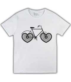 Прикольные футболки: велосипед с колесами-сердцами на белой